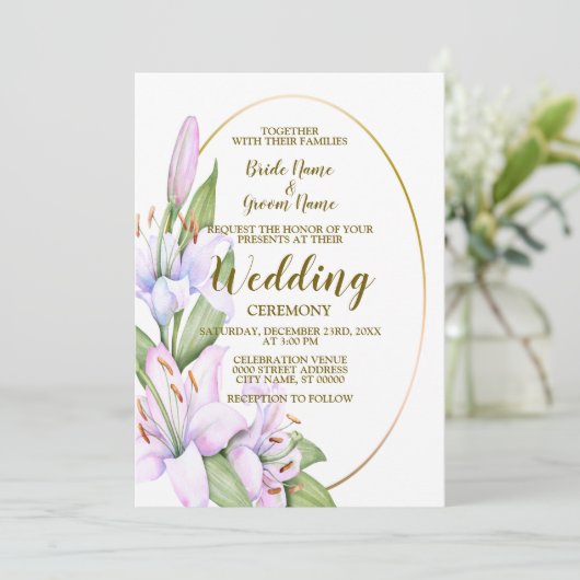 Invitation Fête de mariage rose Lily Fleurs Golden Frame (Debout devant)