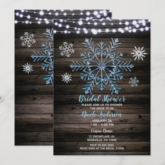 Invitation Fête de mariage Rustique avec Flocons de Neige et  (Devant / Derrière)