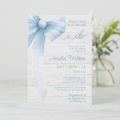 Invitation Fête de mariage rustique avec un nœud bleu (Debout devant)