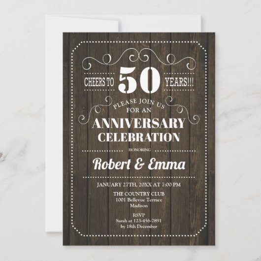 Invitation Fête de mariage rustique en bois pour 50e annivers (Devant)
