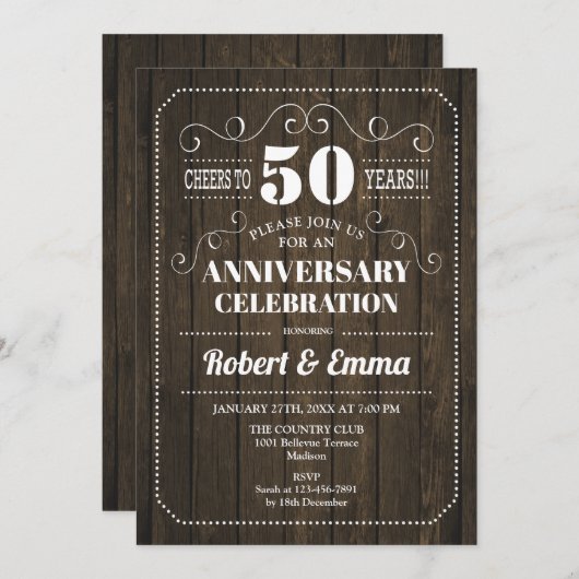 Invitation Fête de mariage rustique en bois pour 50e annivers (Devant / Derrière)