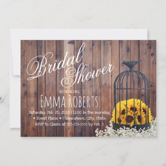 Invitation Fête de mariage rustique tournesol et cage à oisea (Devant)