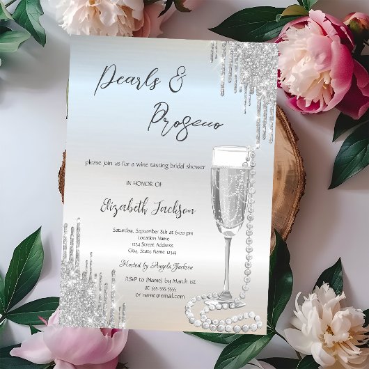 Invitation Fête de mariage Silver Drips Perles Prosecco