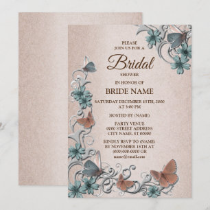 Invitation Fête de mariage Teal Silver Floral Butterfly Tan