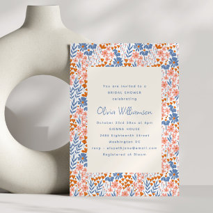 Invitation Fête de mariage Terracotta Bleu Floral Folk Orange