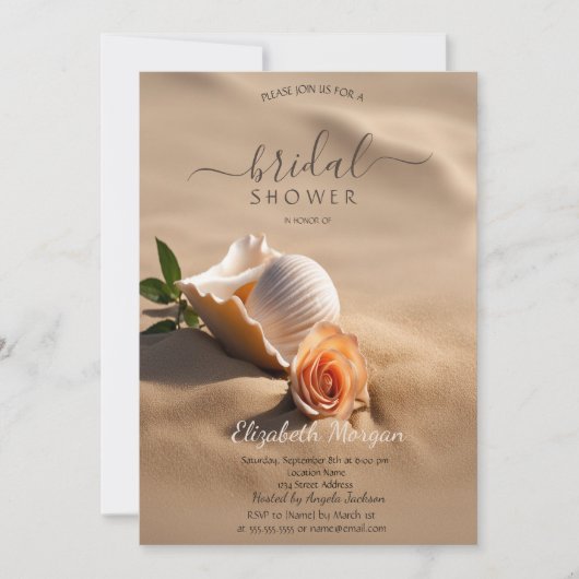 Invitation Fête de mariage thème coquillage rose sable (Devant)