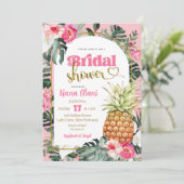 Invitation Fête de mariage tropicale florale rose avec ananas (Debout devant)