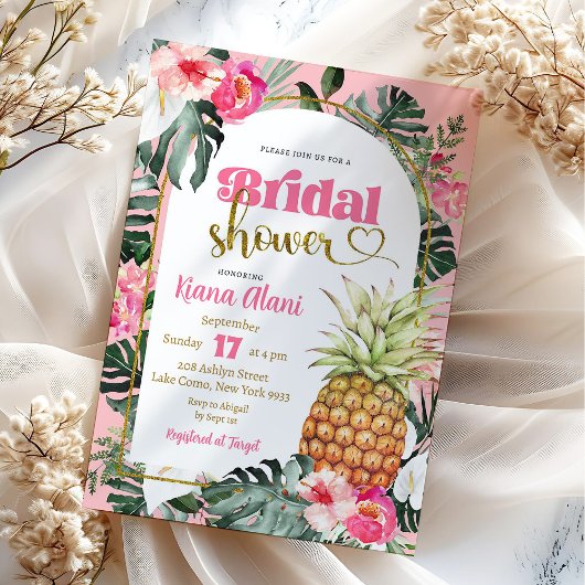 Invitation Fête de mariage tropicale florale rose avec ananas
