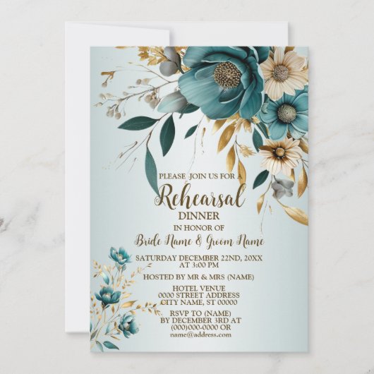 Invitation Fête de mariage Turquoise Fleur blanche Feuilles d (Devant)