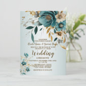 Invitation Fête de mariage Turquoise Fleur blanche Feuilles d (Debout devant)