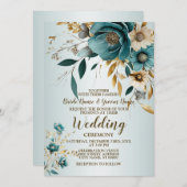 Invitation Fête de mariage Turquoise Fleur blanche Feuilles d (Devant / Derrière)