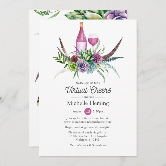 Invitation Fête de mariage virtuelle avec du vin de succulent (Devant / Derrière)