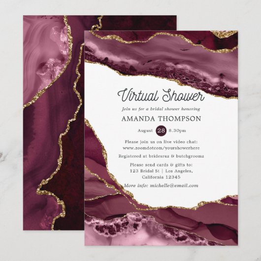 Invitation Fête de mariage virtuelle Burgundy et Agate dorée (Devant / Derrière)