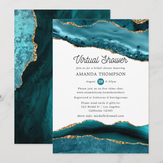 Invitation Fête de mariage virtuelle Turquoise et Agate dorée (Devant / Derrière)