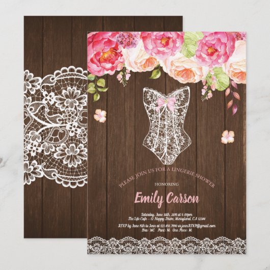 Invitation Fête de mariée de la lingerie rose bois rustique (Devant / Derrière)