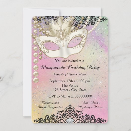 Invitation Fête de Mascarade à l'Aquarelle Perle (Devant)