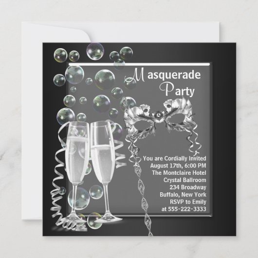 Invitation Fête de Mascarade Argent Champagne Noir (Devant)