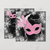Invitation Fête de Mascarade au Flocon de Neige Rose (Devant / Derrière)