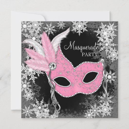 Invitation Fête de Mascarade au Flocon de Neige Rose (Devant)