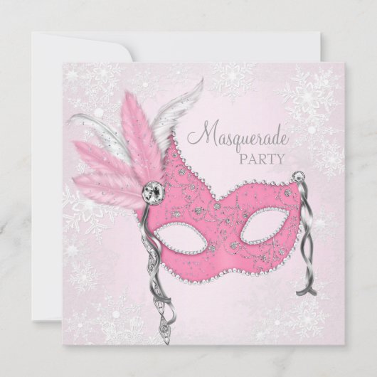 Invitation Fête de Mascarade au Flocon de Neige Rose (Devant)