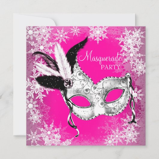 Invitation Fête de Mascarade au Flocon de Neige Rose (Devant)