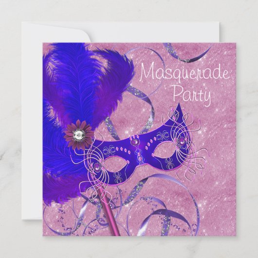 Invitation Fête de Mascarade Bleu Royal Violet Rose (Devant)