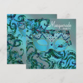 Invitation Fête de Mascarade Bleu Turquoise Élégants Tourbill (Devant / Derrière)