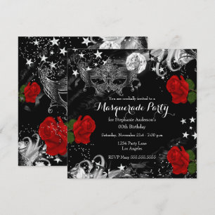 Invitation Fête de Mascarade de Nuit Étoilée Magique Rose Rou