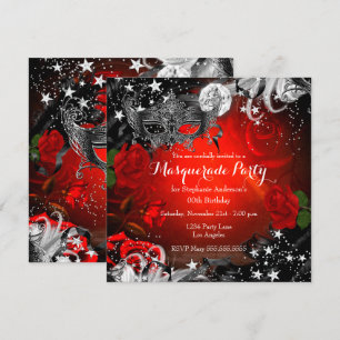 Invitation Fête de Mascarade de Nuit Magique de Rose Rouge Ét