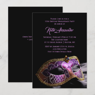 Invitation Fête de Mascarade Élégante Noir Violet Sweet 16