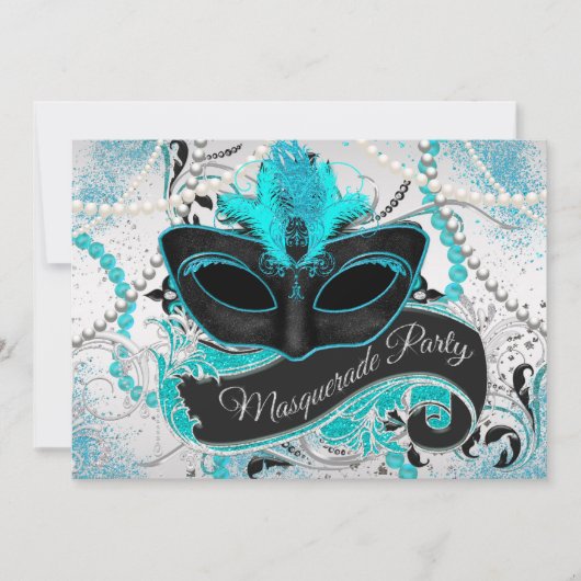 Invitation Fête de mascarade en argent et bleu Turquoise (Devant)