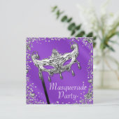 Invitation Fête de Mascarade Lavande Confetti Argent Violet (Debout devant)