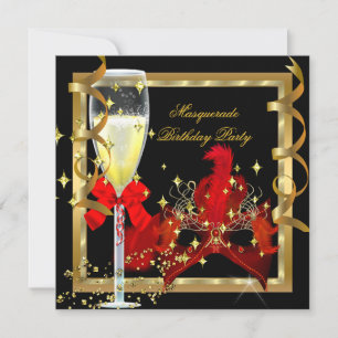 Invitation Fête de Mascarade Masque Rouge Or Champagne