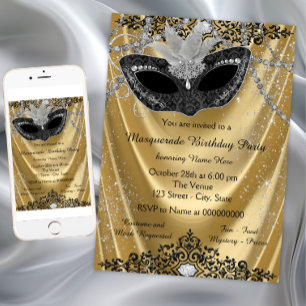Invitation Fête de Mascarade Noir et Or Élégante