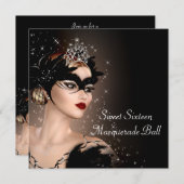 Invitation Fête de mascarade noire et blanche (Devant / Derrière)