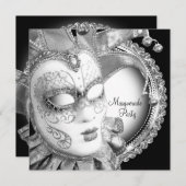 Invitation Fête de mascarade noire et blanche (Devant / Derrière)