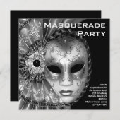 Invitation Fête de mascarade noire et blanche (Devant / Derrière)