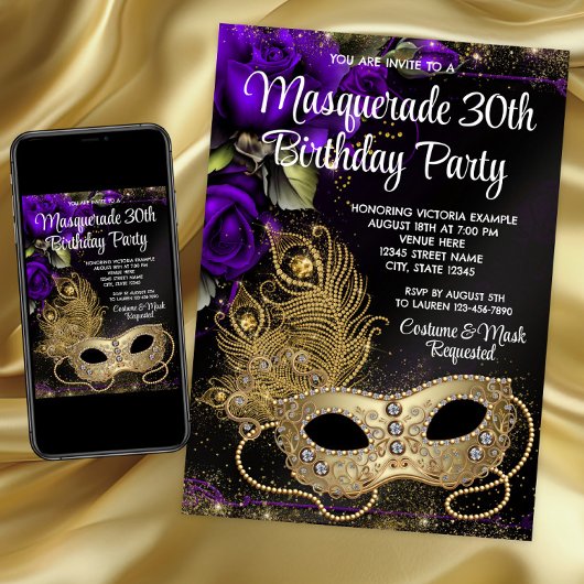 Invitation Fête de Mascarade Or et Violet