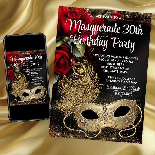 Invitation Fête de Mascarade Or Rouge