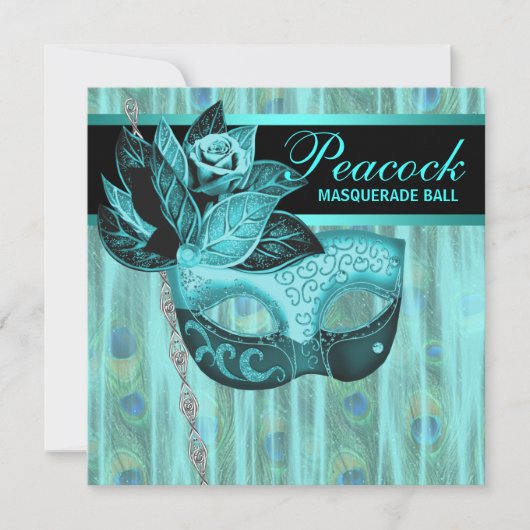 Invitation Fête de Mascarade Paon Bleu Turquoise (Devant)