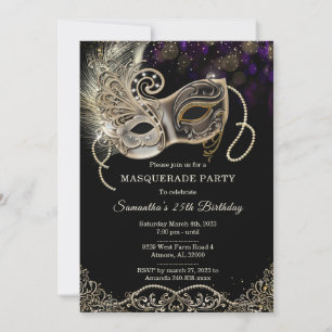 Invitation Fête de Mascarade Personnalisée Noir Or Violet