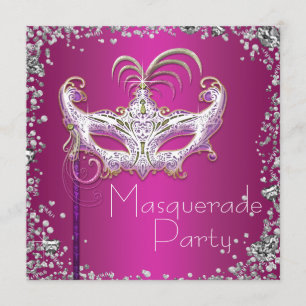 Invitation Fête de Mascarade Rose Chaud avec Confettis Argent