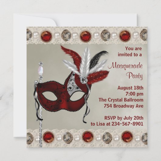Invitation Fête de Mascarade Rouge Perle d'Or (Devant)