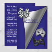 Invitation Fête de mascarade Royal Blue Silver Sweet Sixteen (Devant / Derrière)