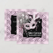 Invitation Fête de mascarade Sweet 16 rose noir (Devant / Derrière)
