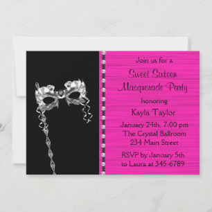 Invitation Fête de mascarade Sweet Sixteen rose chaux noire