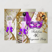 Invitation Fête de Mascarade Violette Dorée Crème et Noire Fa (Devant / Derrière)