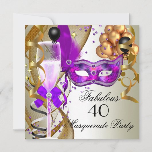 Invitation Fête de Mascarade Violette Dorée Crème et Noire Fa (Devant)