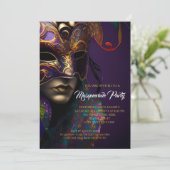 Invitation Fête de Mascarade Violette et Dorée avec Masque Vi (Debout devant)