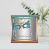 Invitation Fête de masque argent or sarcelle (Debout devant)